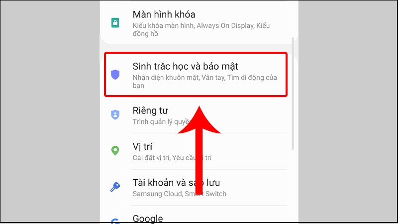 Nhấn vào Trắc sinh học và bảo mật
